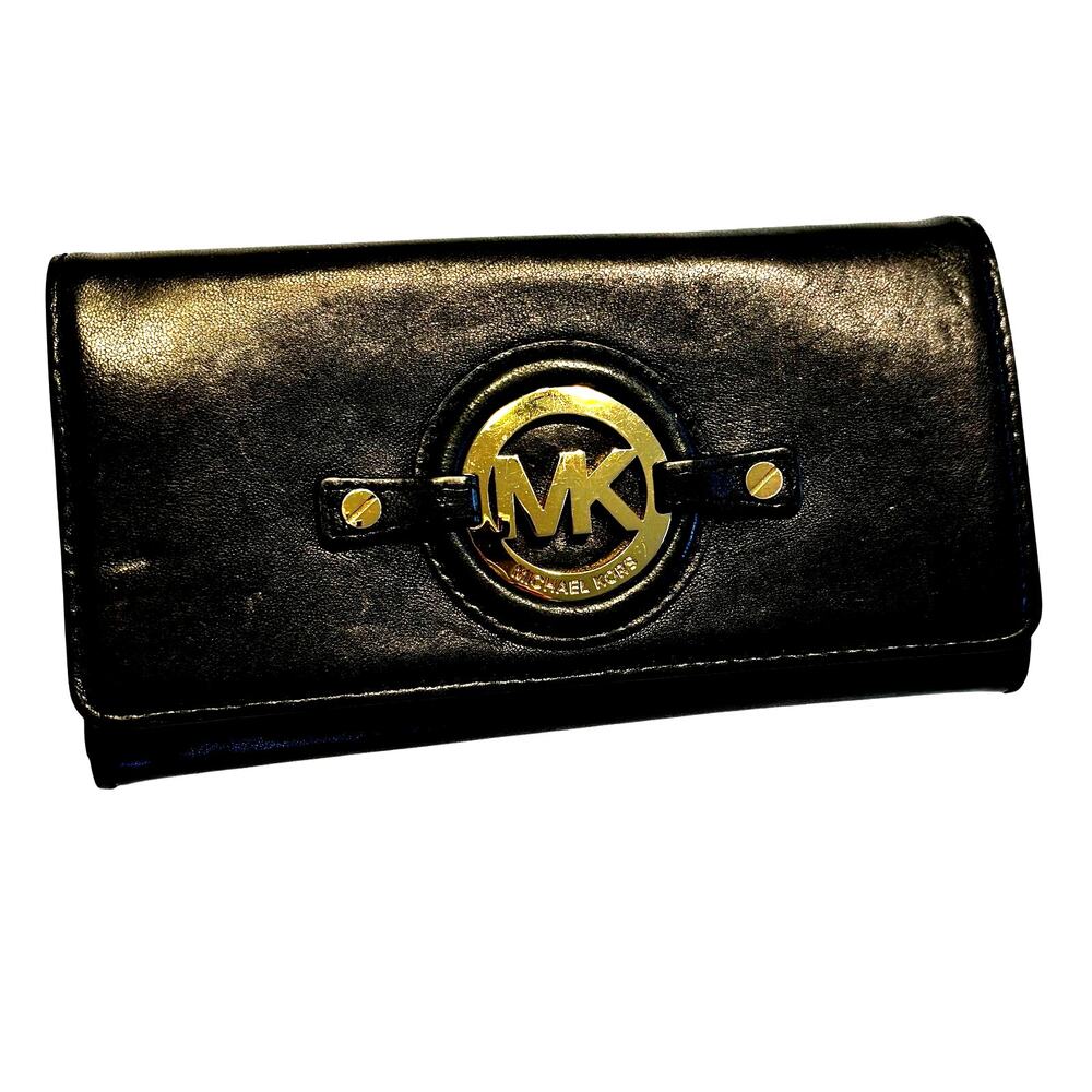 Michael Kors buttery soft black leather wallet gold logo medallion accordion